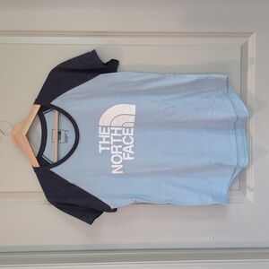 North Face Women's Medium Short Sleeve Raglan Tee, Light Blue with Gray sleeves